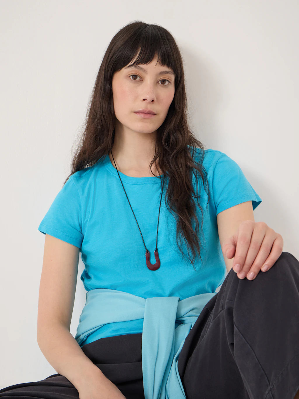 Bright aqua blue slub cotton t-shirt.