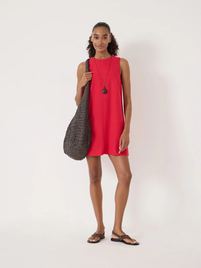 Red linen mini dress with button back.