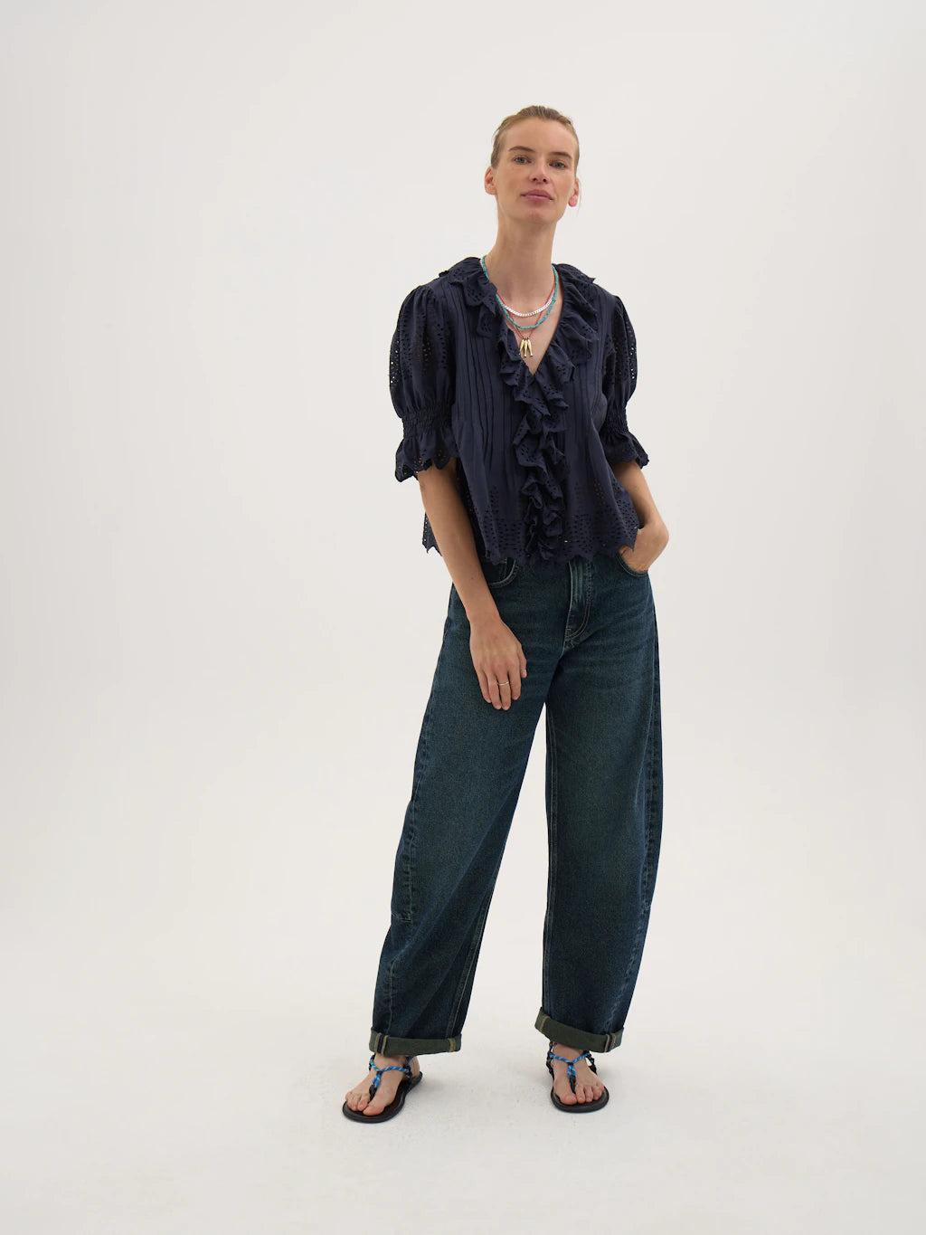 Koa Cotton Broderie Blouse - Navy Blue