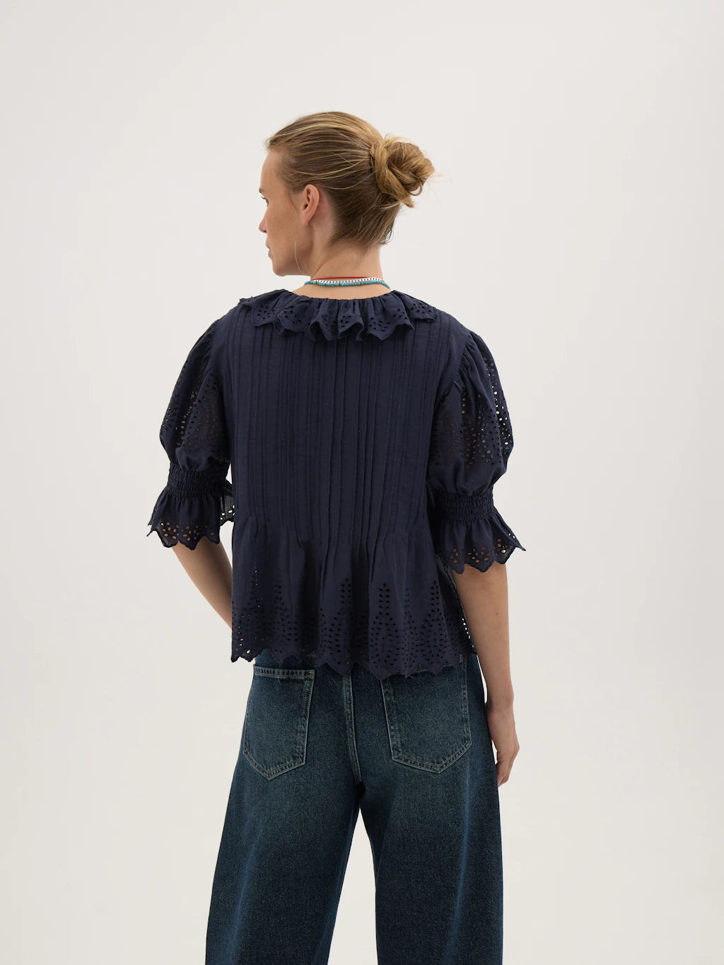 Koa Cotton Broderie Blouse - Navy Blue