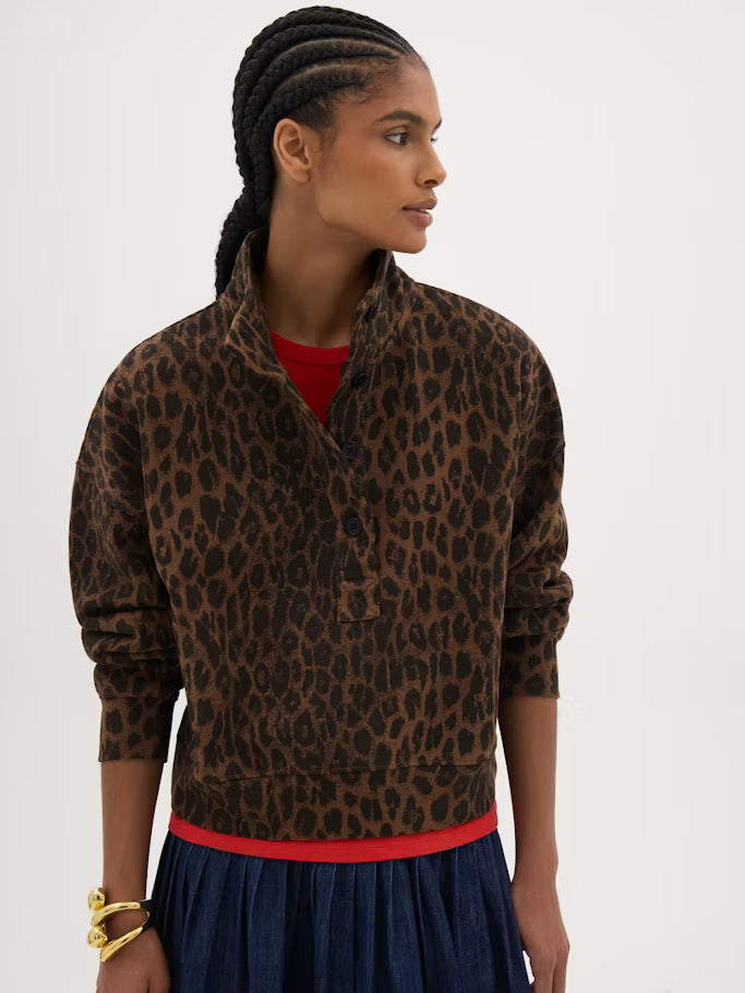 Deep brown leopard print cotton collared sweatshirt.