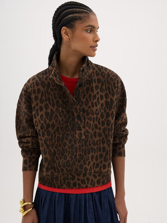 Deep brown leopard print cotton collared sweatshirt.