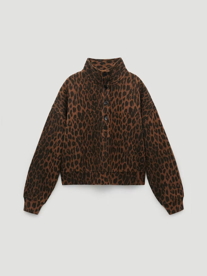 Hendrix Half Placket Cotton Sweatshirt - Brown And Black Leopard