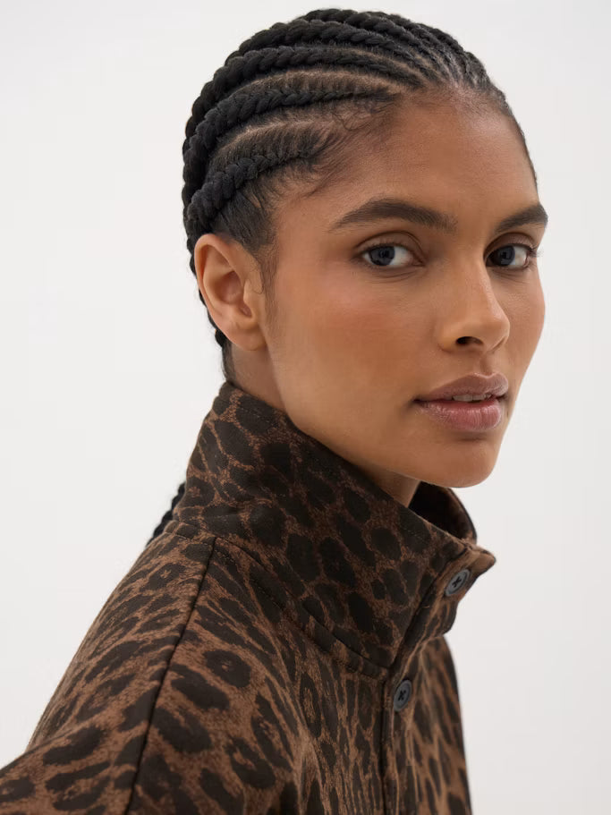 Hendrix Half Placket Cotton Sweatshirt - Brown And Black Leopard
