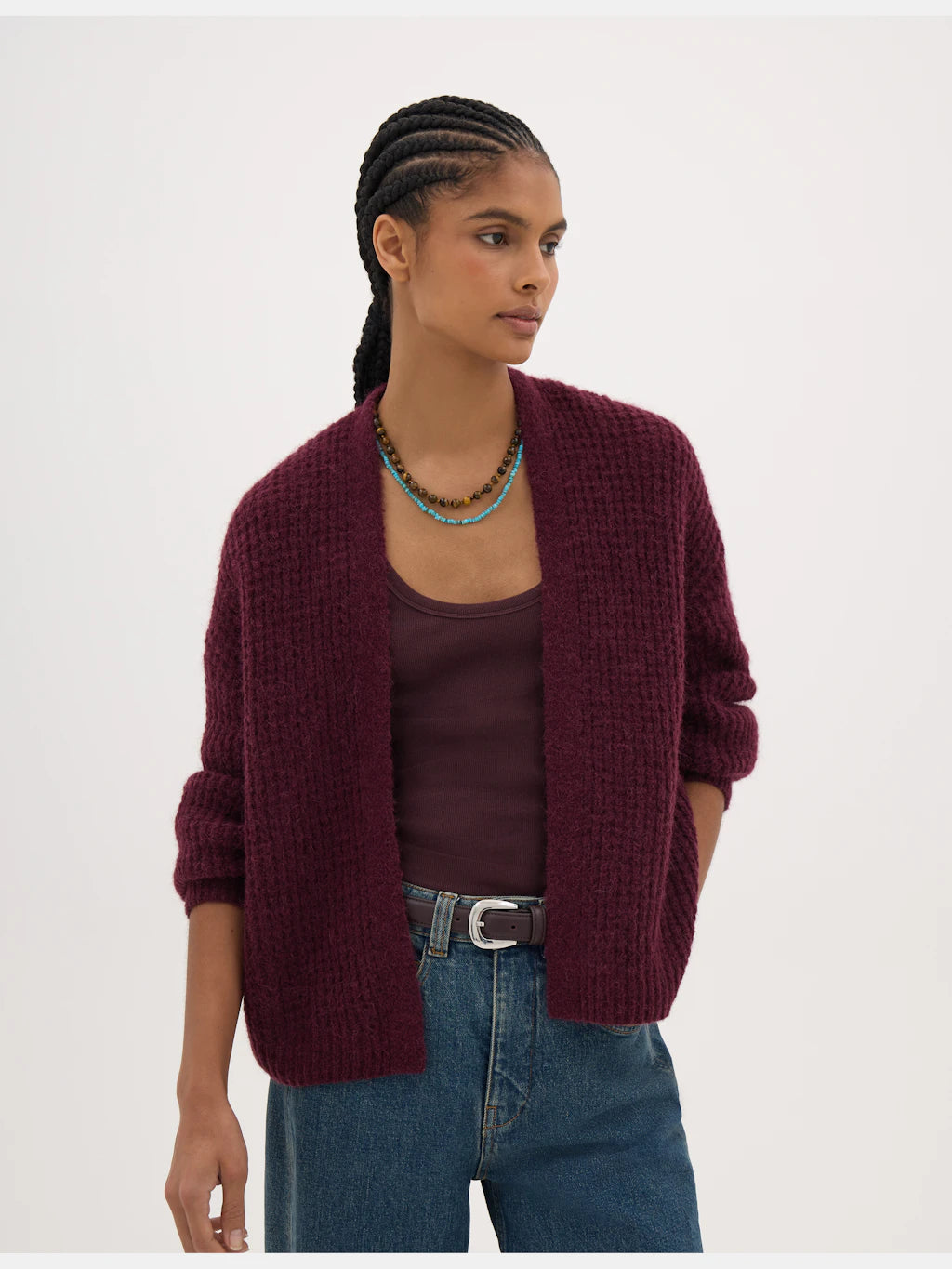 Flossie Waffle Stitch Knitted Cardigan - Wine Red