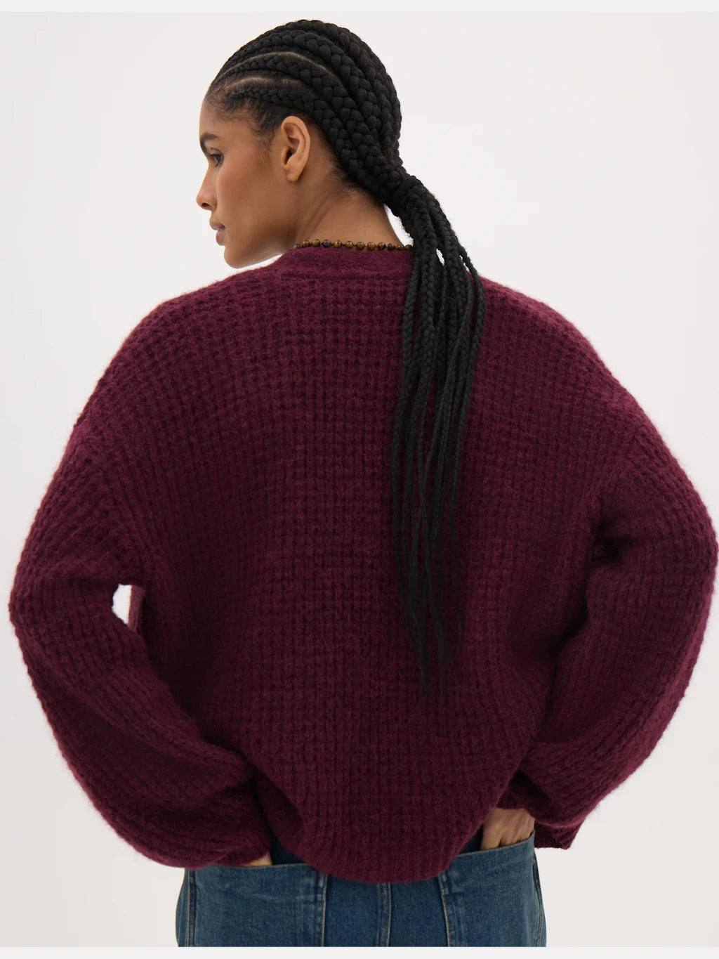 Flossie Waffle Stitch Knitted Cardigan - Wine Red