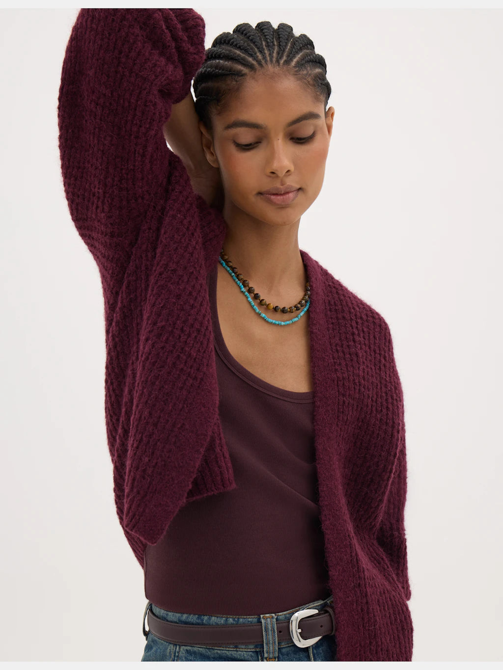 Wine red waffle stitch knitted cardigan.