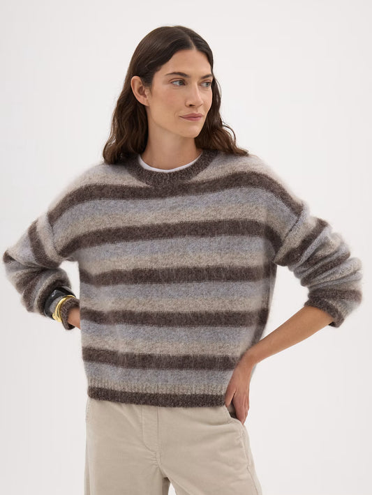 Striped brushed wool jumper in soft brown and grey stripes.