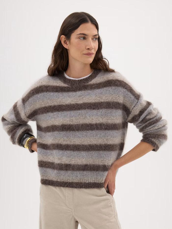 Striped brushed wool jumper in soft brown and grey stripes.
