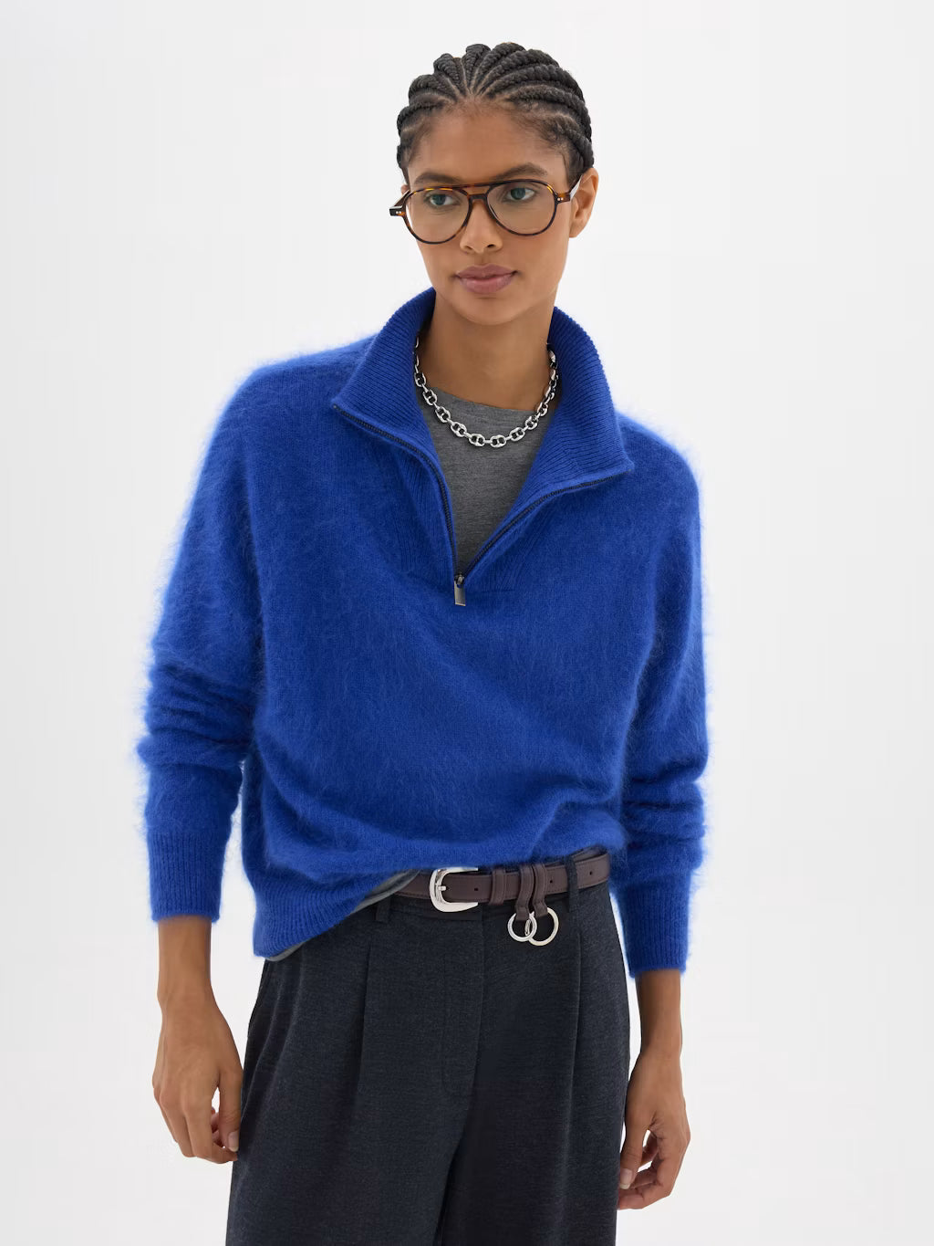 Cobalt blue brushed wool quarter zip sweater.