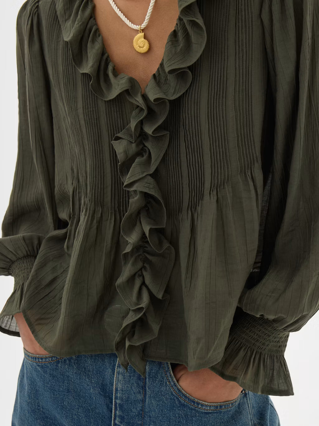 Koa Long Sleeve Crinkle Blouse - Khaki
