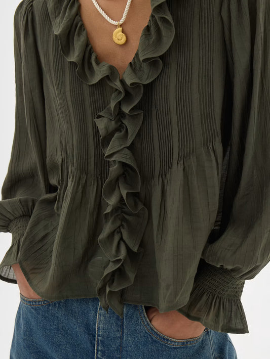 Koa Long Sleeve Crinkle Blouse - Khaki