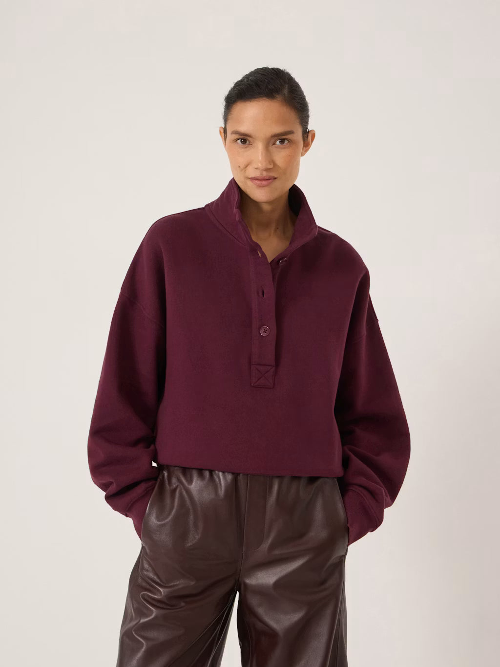 Hendrix Half Placket Cotton Sweatshirt - Wine Red