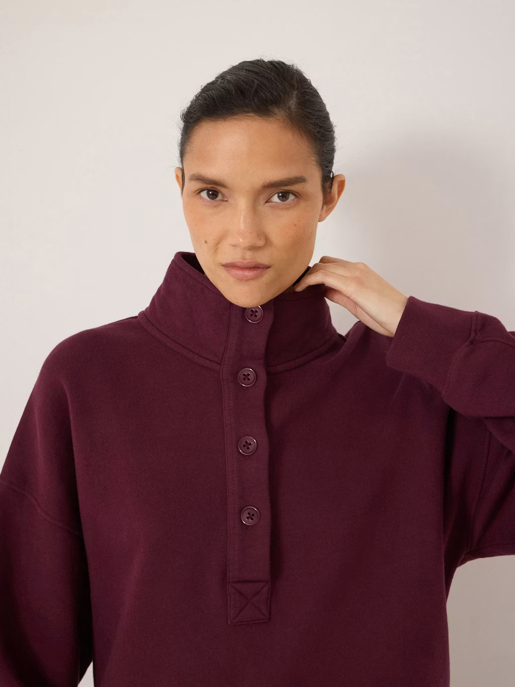 Hendrix Half Placket Cotton Sweatshirt - Wine Red