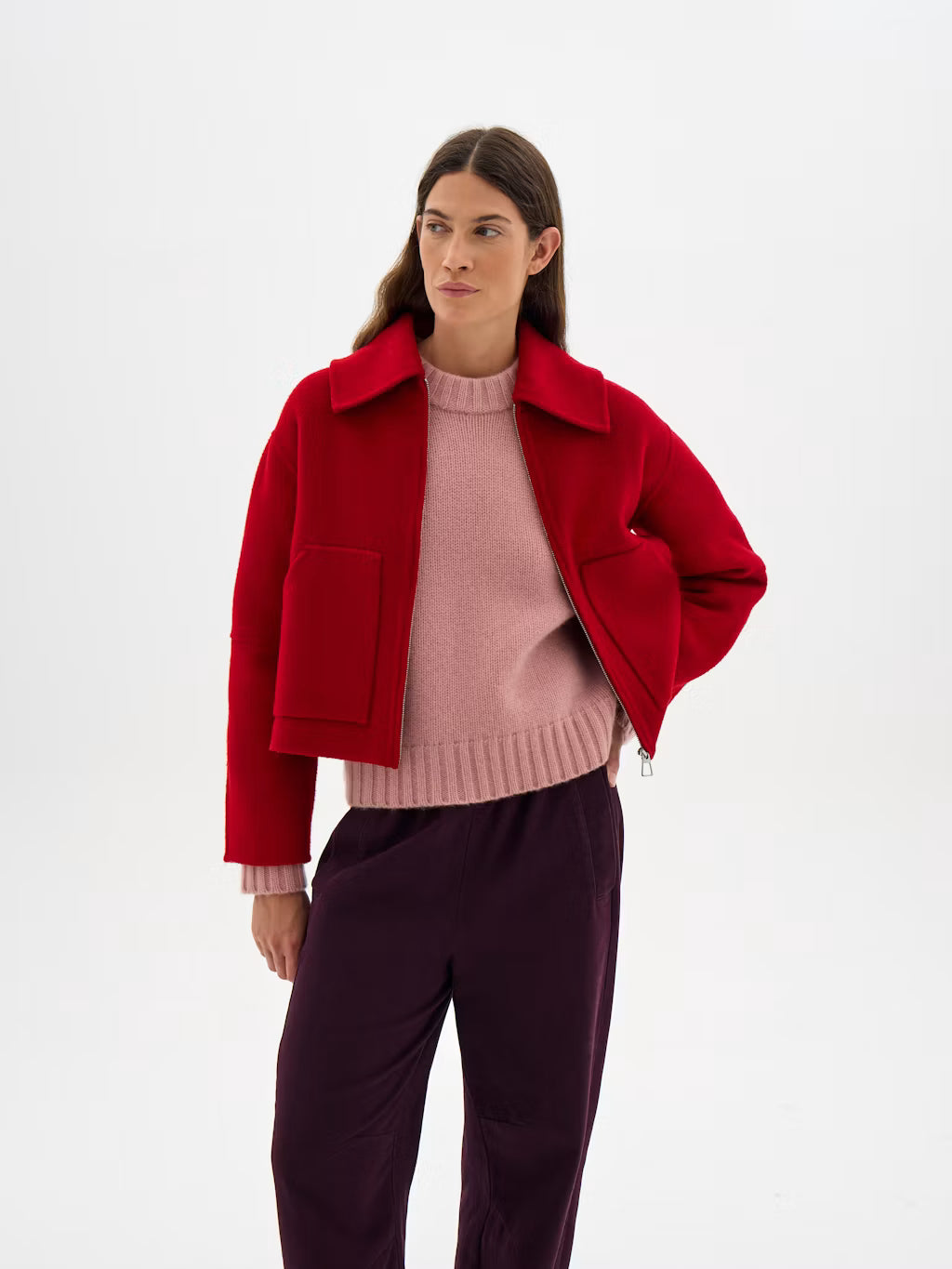 Nerise Pure Wool Double Faced Zip Jacket - Crimson Red
