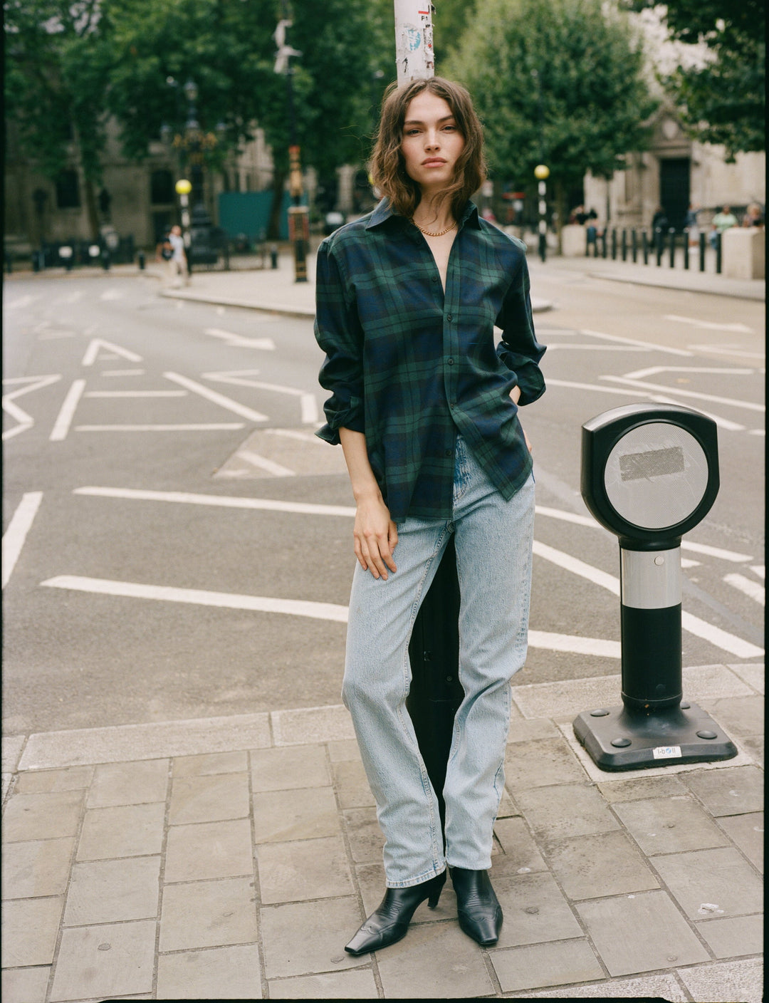 Green and navy checked brushed cotton shirt.