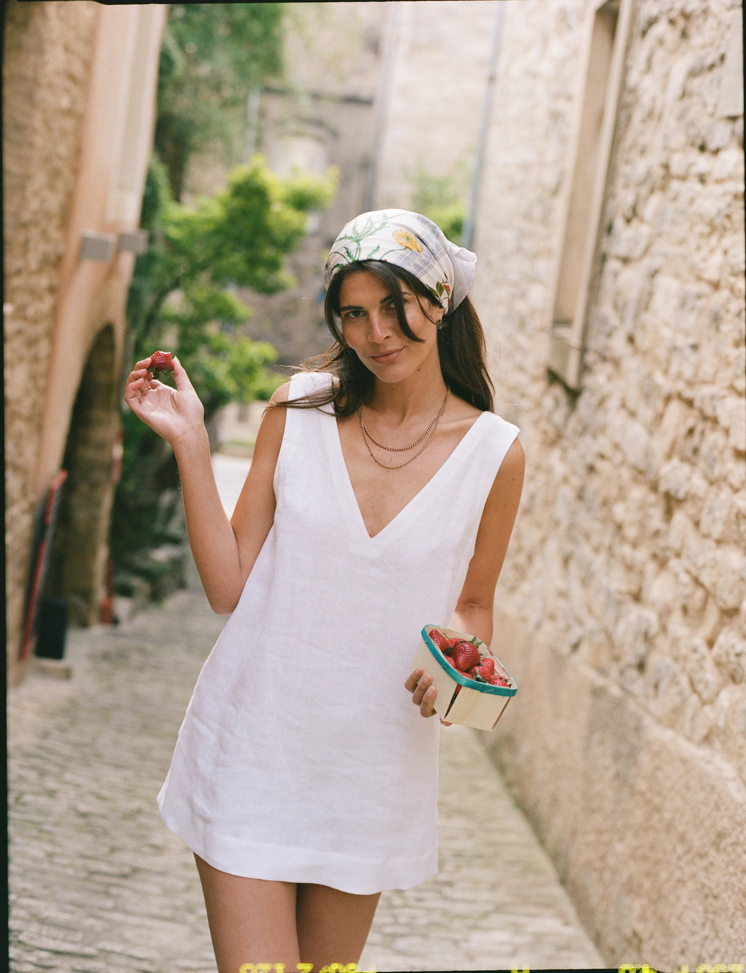 White linen shift dress.