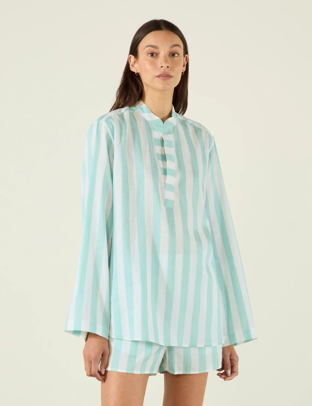 Mint and white wide stripe collarless shirt.