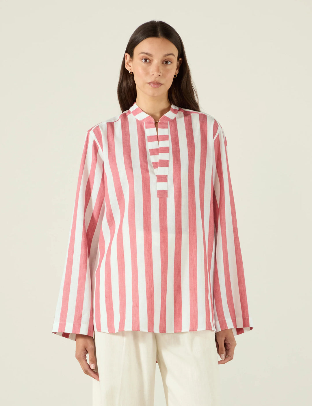 Red and white wide stripe collarless tunic shirt.