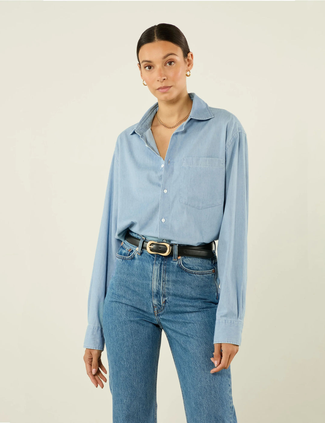 Light blue chambray shirt.