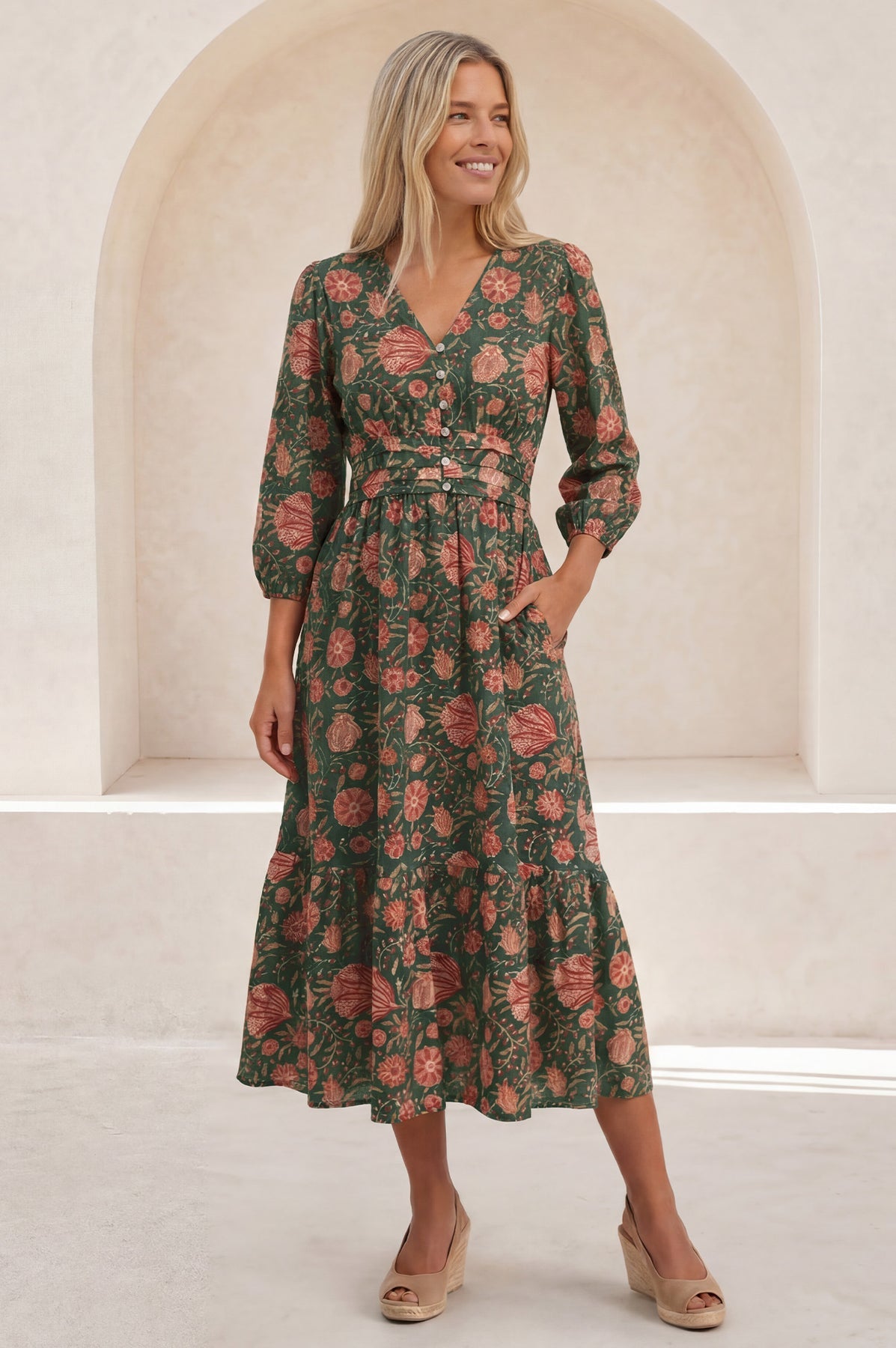 Jyoti Cotton Midi Dress - Khaki/Orange