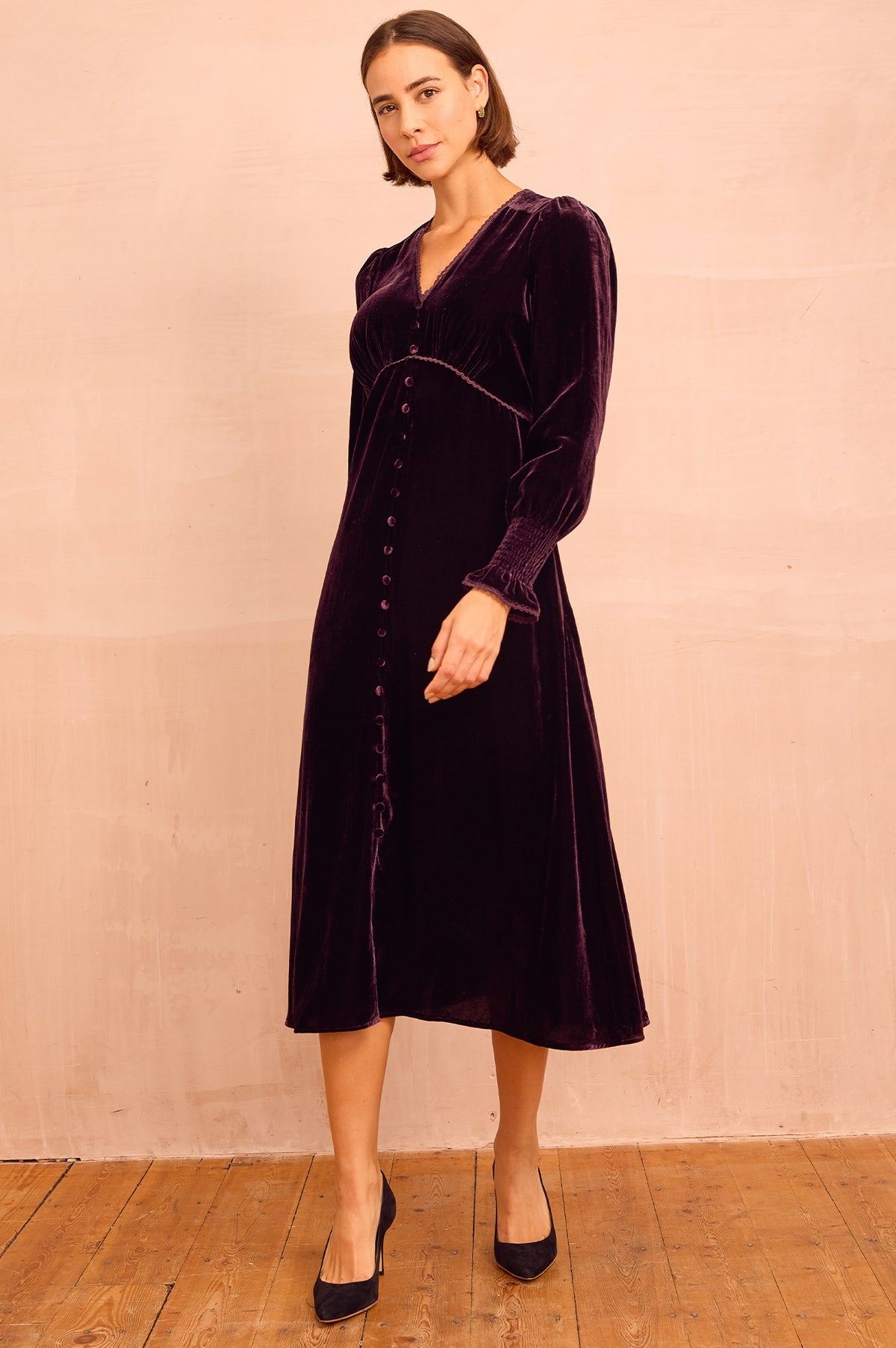 Long Sleeve Velvet Sally Anne Dress - Aubergine Purple