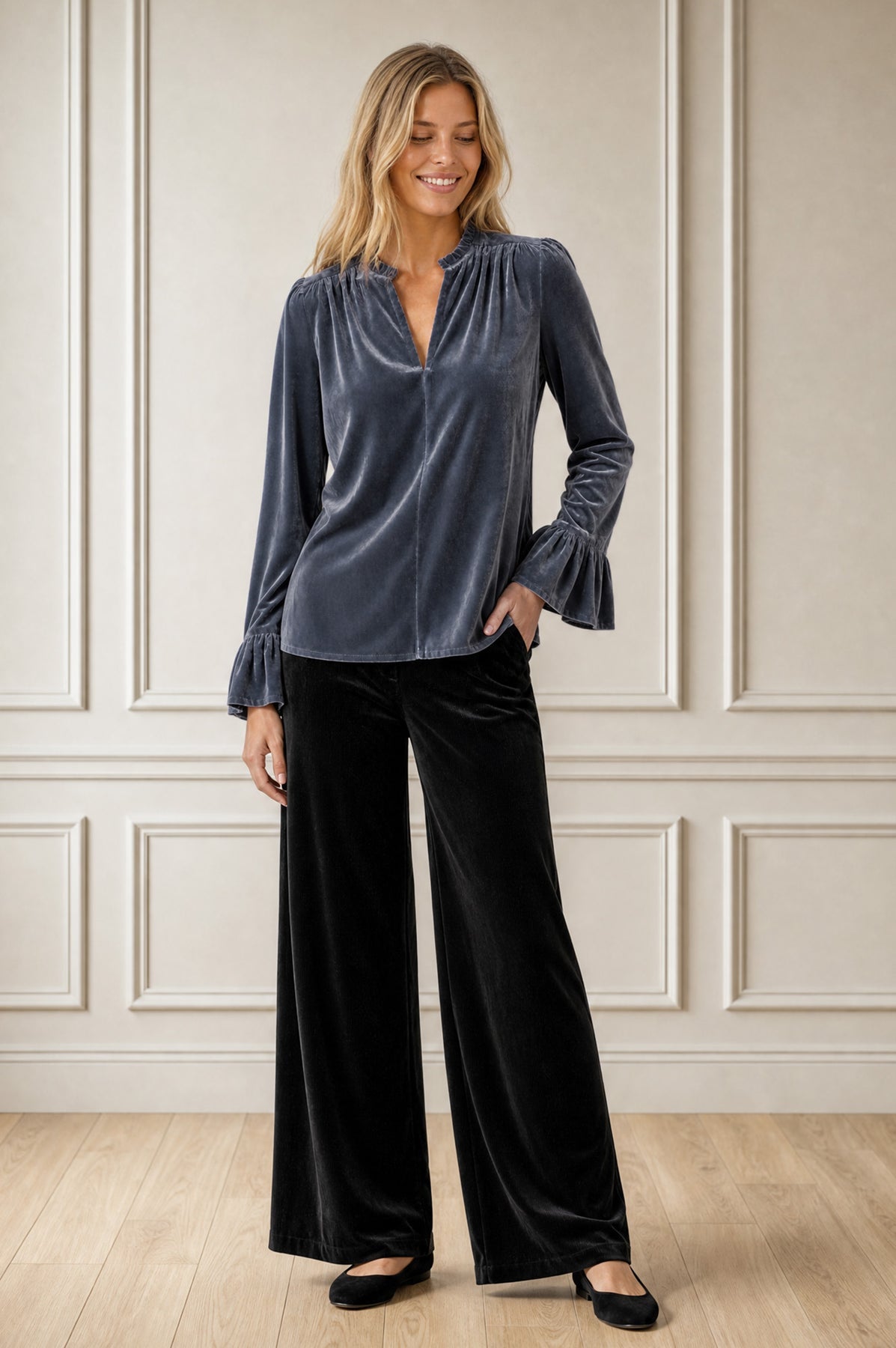 Astrid Velvet V-Neck Top - Grey-Blue