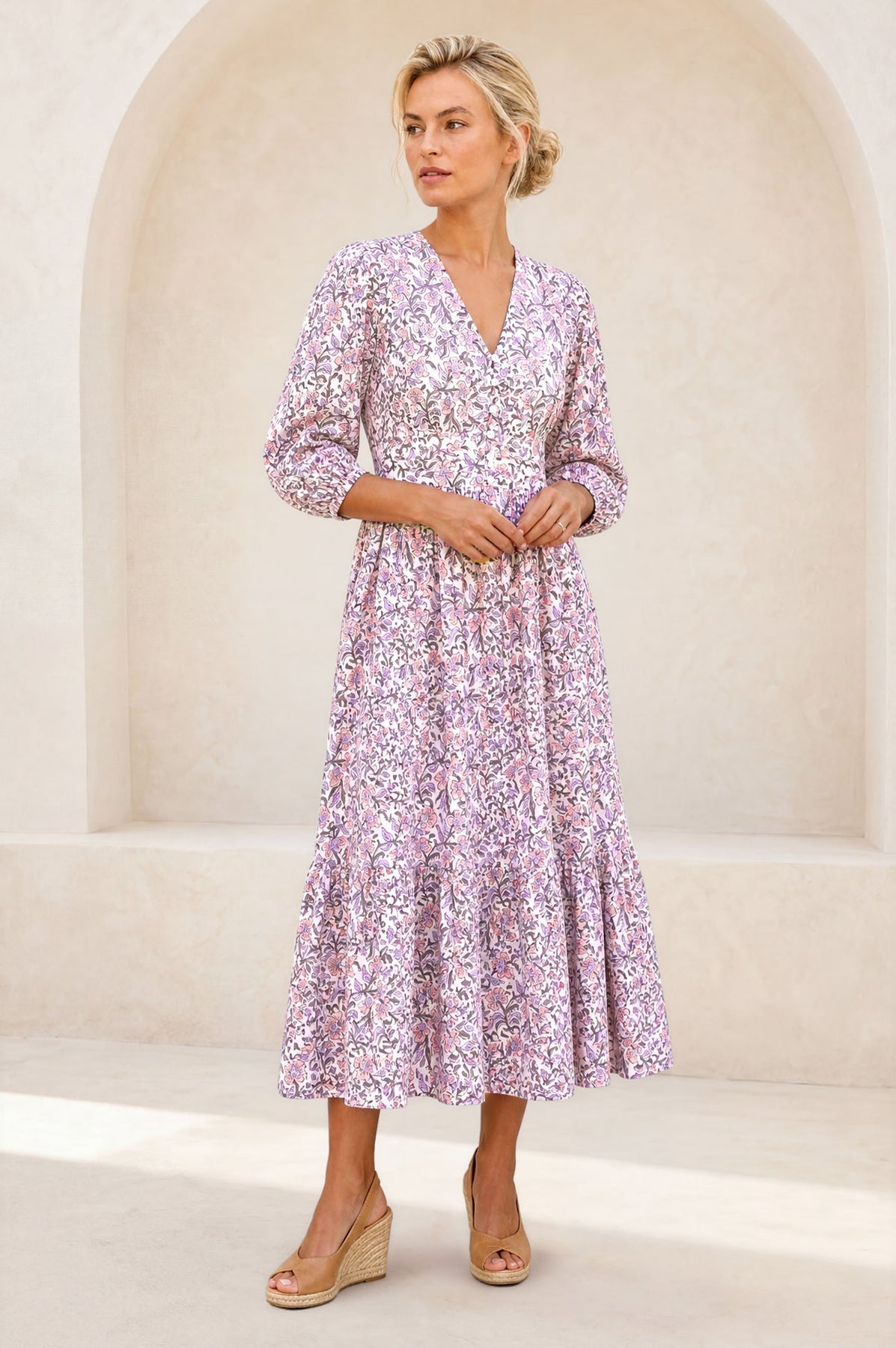 Lilac floral print organic cotton midi dress.