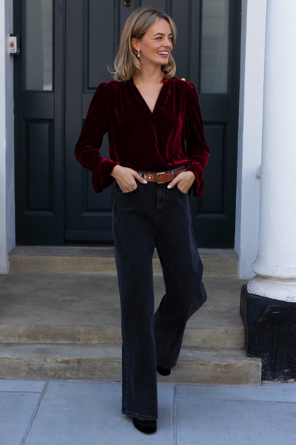 Astrid Velvet V-Neck Top - Wine Red