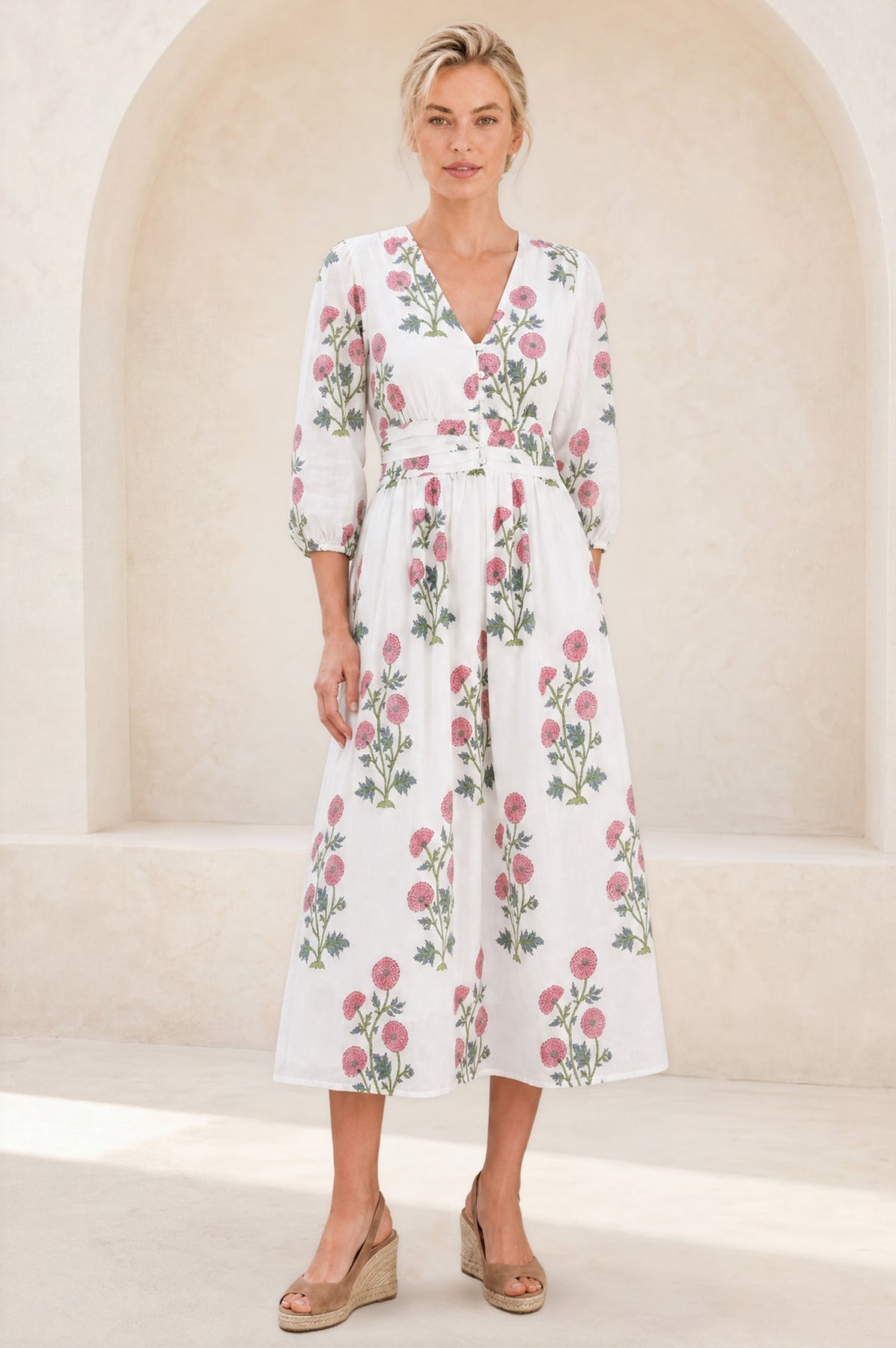 White and pink floral cotton dress.