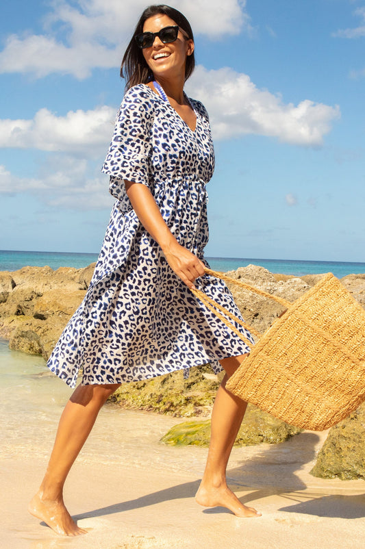 Navy and white animal print beach kaftan in organic cotton.
