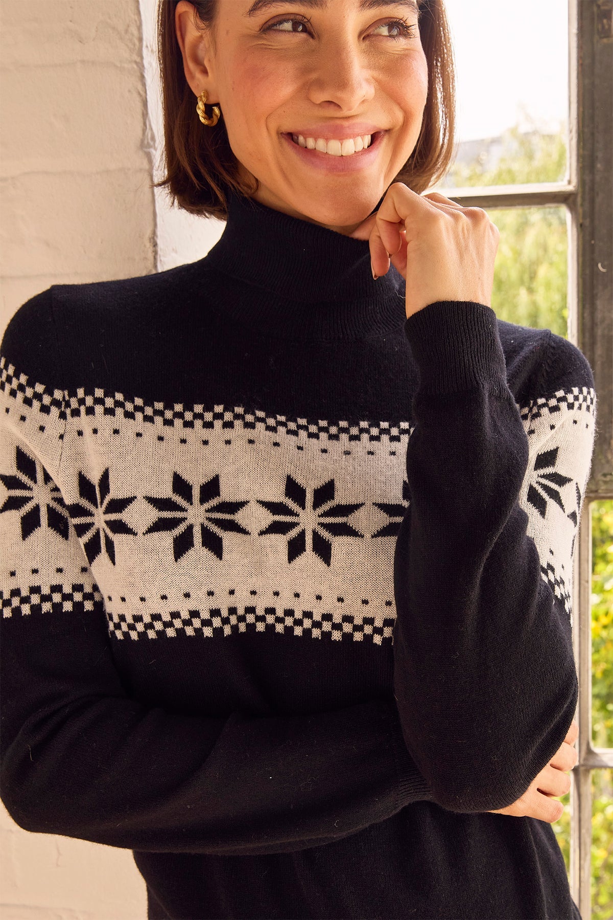 Merino Wool Snowflake Fairisle Polo Neck Jumper - Black/Cream