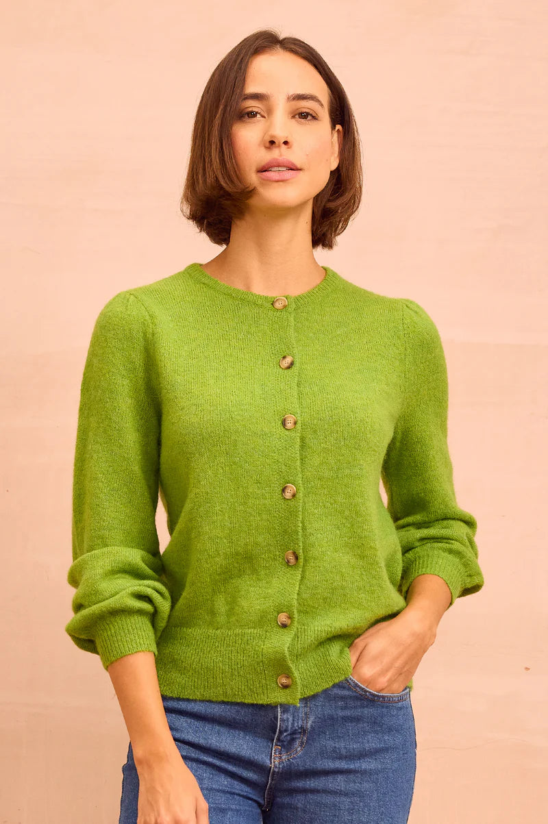 Alpaca Blend Puff Sleeve Cardigan - Green