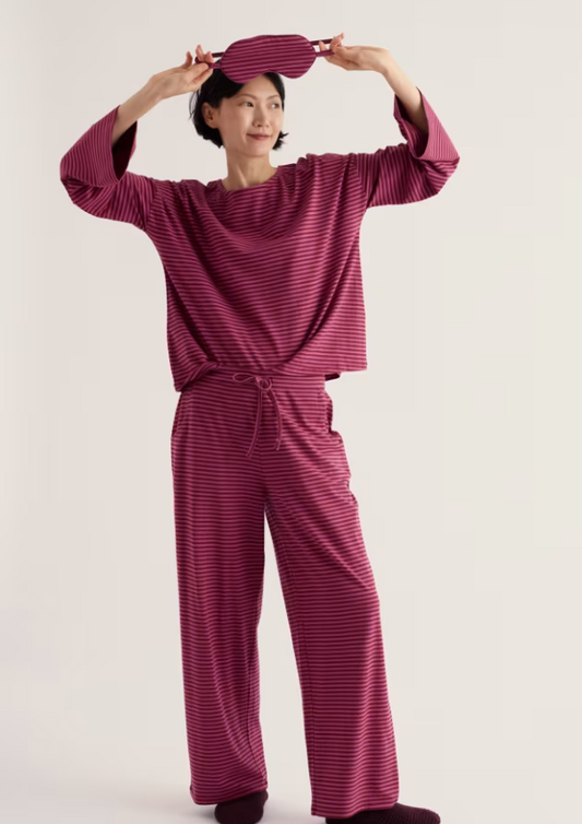 Raspberry and plum striped pyjamas.