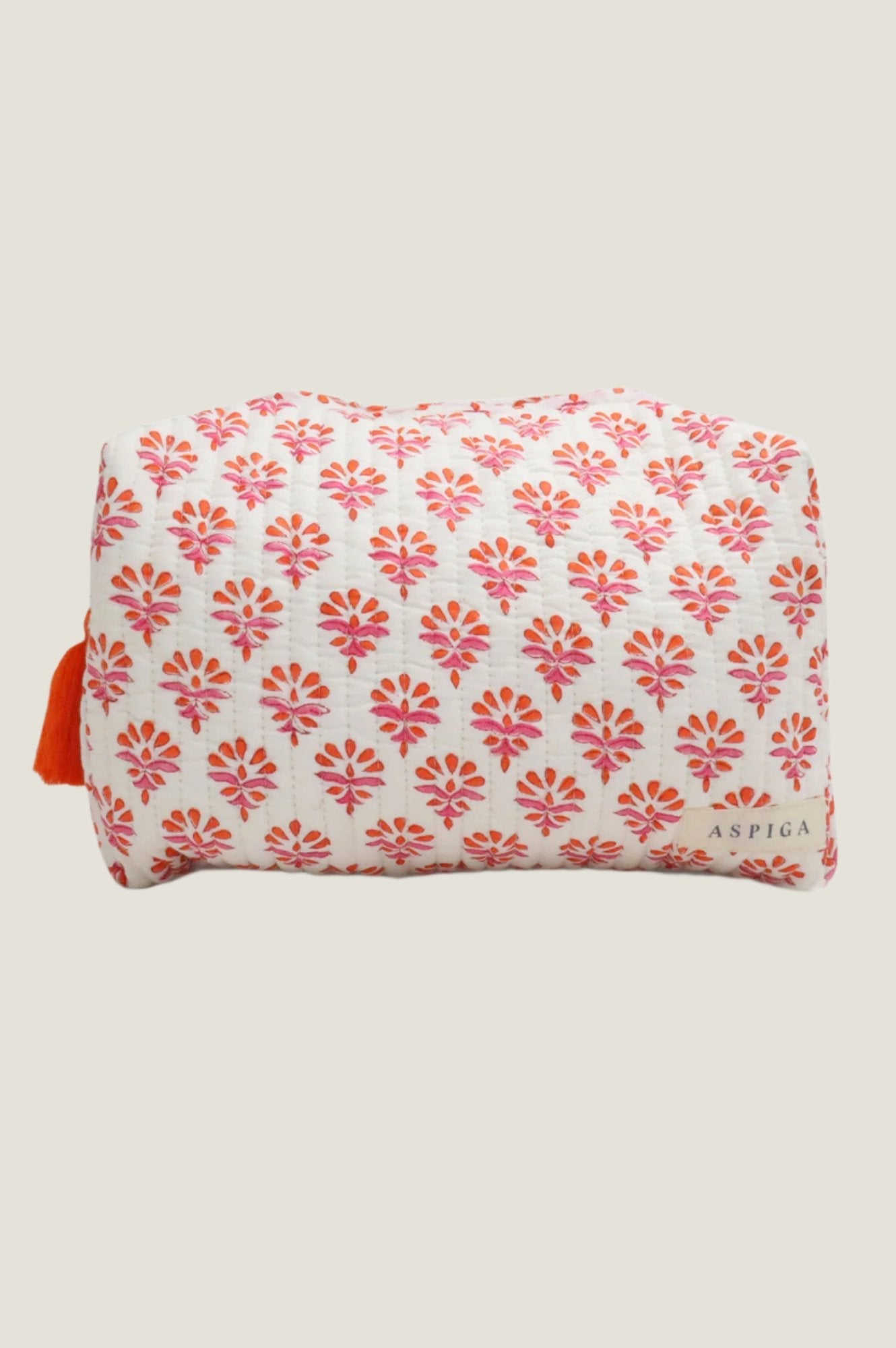 Sustainable Large Block Print Wash Bag Cotton Padded Floral Hot Coral Pink/Orange