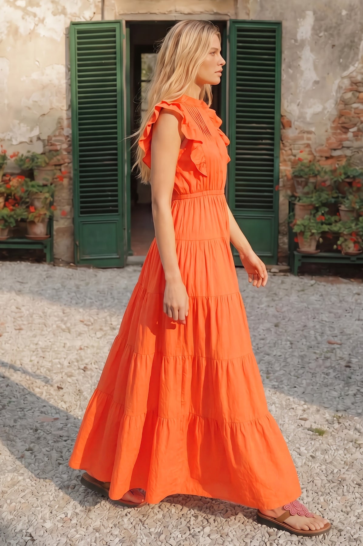 Rose Frill Plain Maxi Dress - Orange