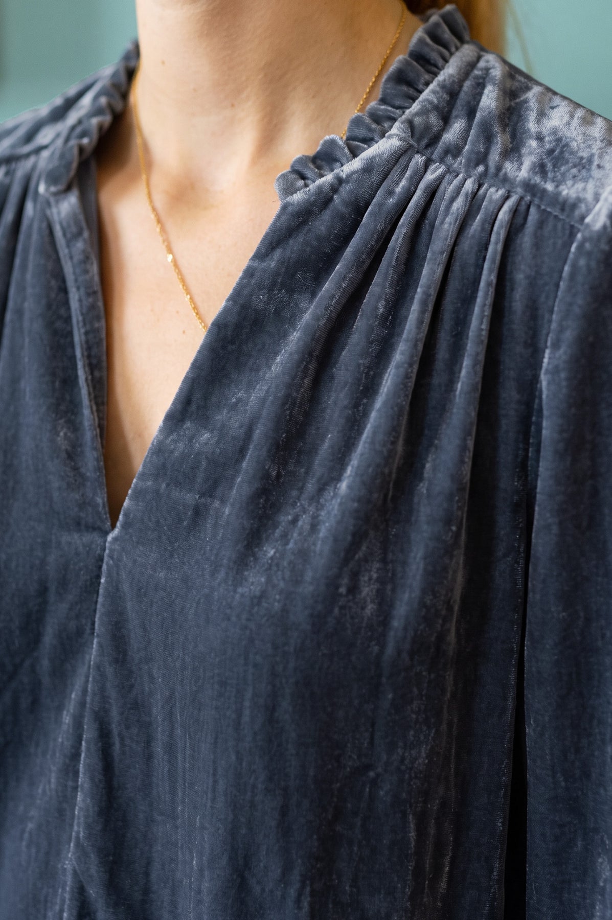 Astrid Velvet V-Neck Top - Grey-Blue