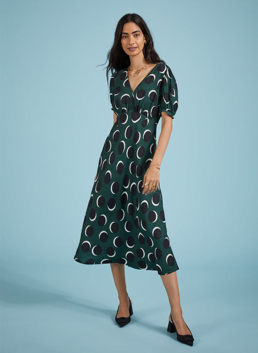 Kaydence Printed Midi Tea Dress with Livaeco Green Shadow Spot