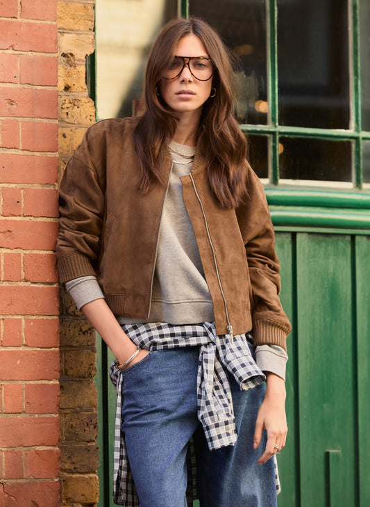 Alexis Suede Cropped Bomber Jacket / Dark Brown