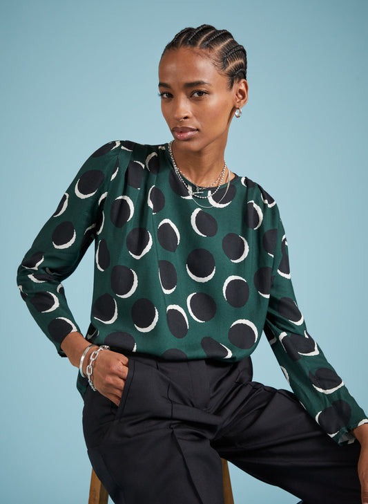 Dottie Printed Blouse Green Shadow Spot