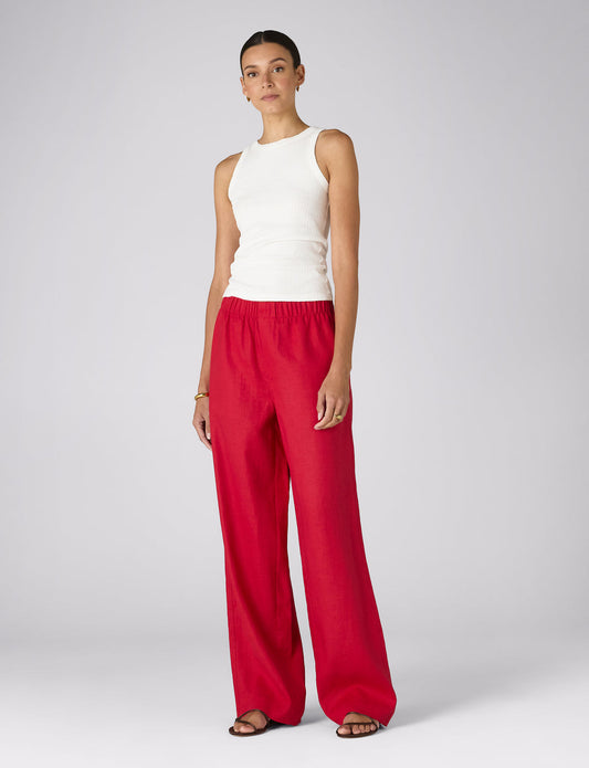 Red hemp palazzo trousers.