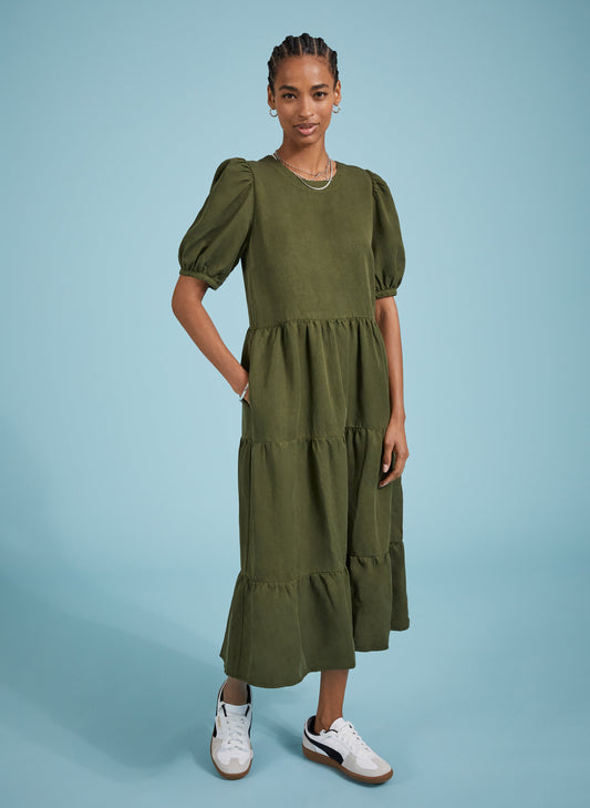 Georgiana Tiered Midi Dress Dark Olive