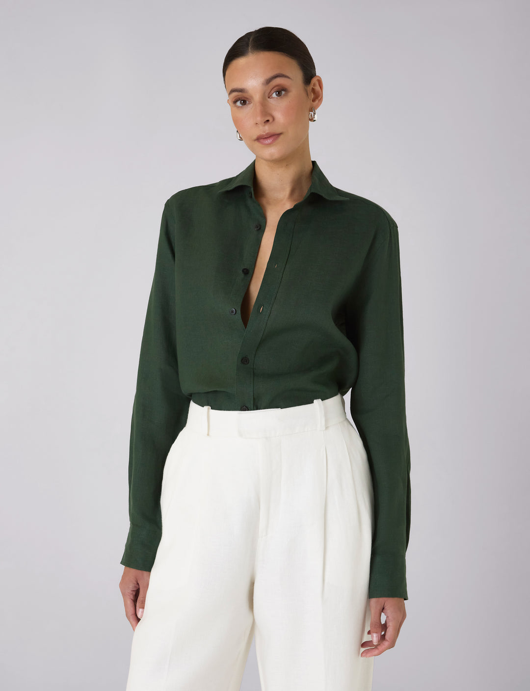 Forest green linen shirt.