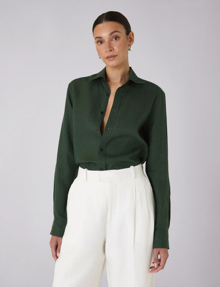 Forest green linen shirt.