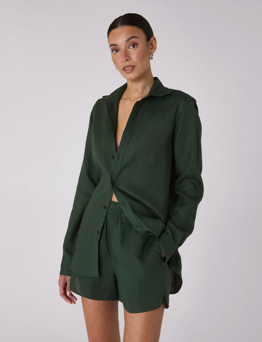 Forest green linen boxer shorts.