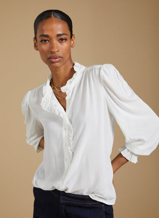 Aurora Frill Neck Sheer Blouse Cream