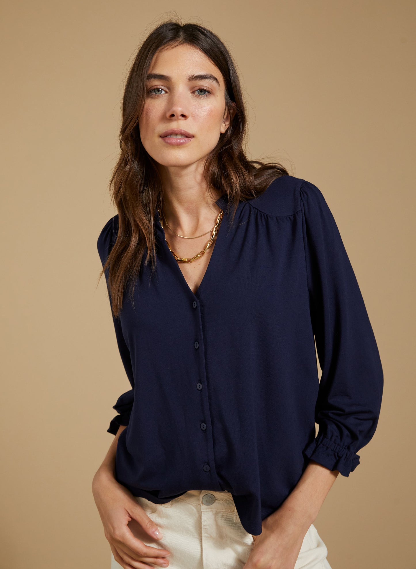Annie Ruffle Collar Blouse / Classic Navy