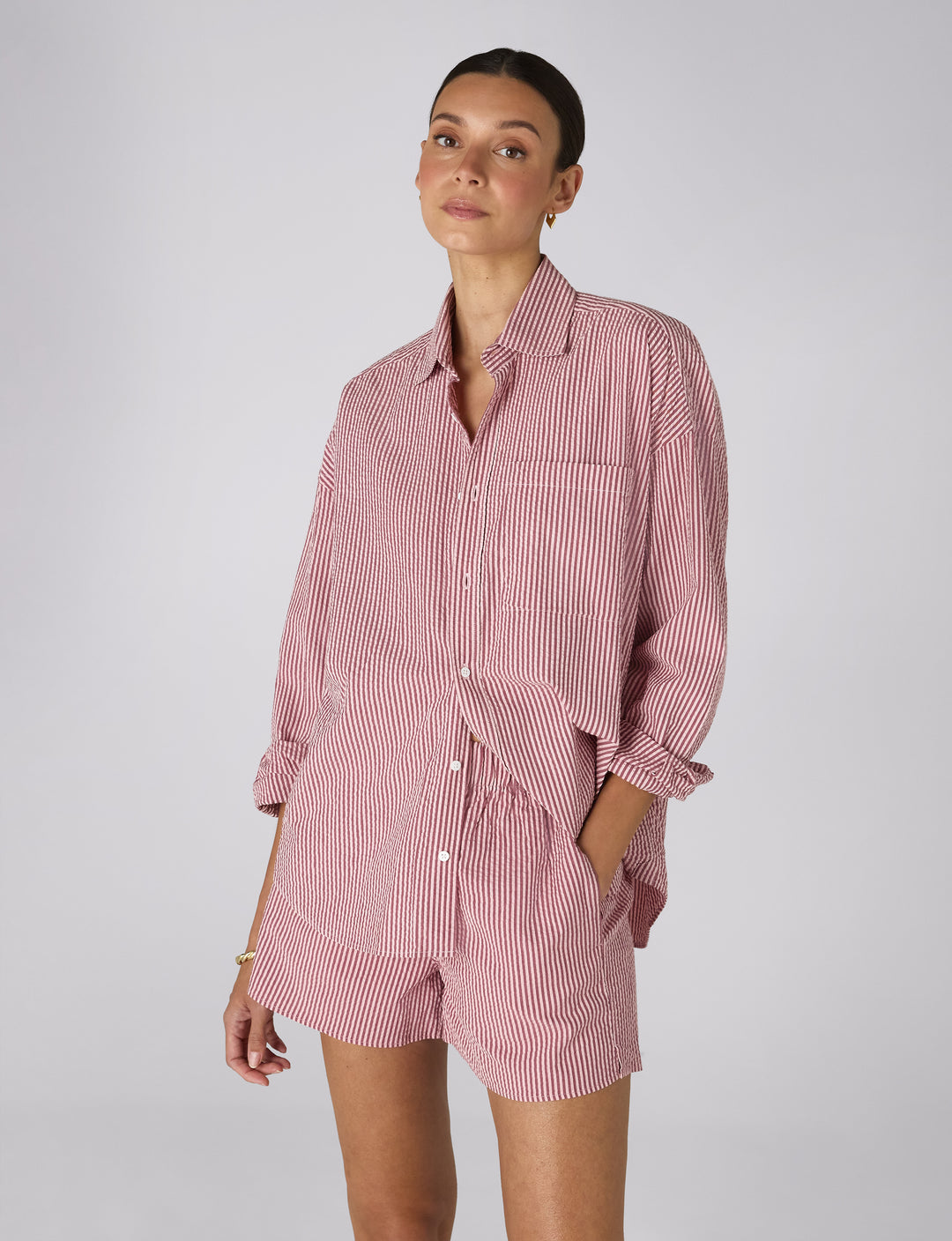 Pink stripe seersucker shorts.