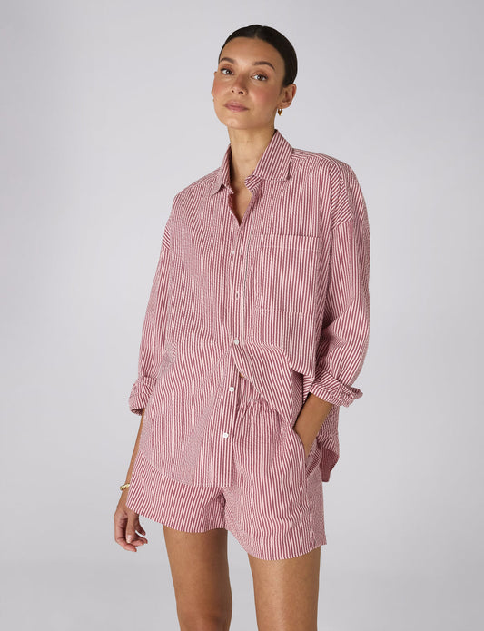 Pink stripe seersucker shorts.