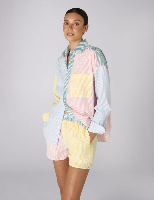 Patchwork seersucker boxer shorts.